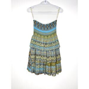 y2k style forever 21 blue green strapless ruffle floral patten dress , beachy